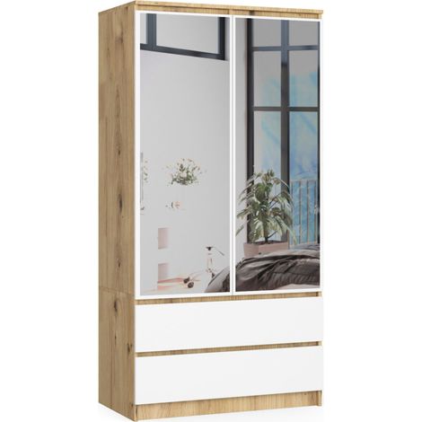 Kleiderschrank AKORD S90 mit Spiegel Eiche Artisan 90 cm 2 Türen 2 Schubladen 4 Ebenen Front Weiß B90 x H180 x T51 cm (1/5)