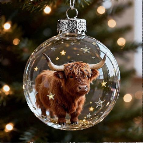 Boule de Noël 3D en cristal, motif vache des Highlands, décoration animalière, en verre transparent. (1/4)