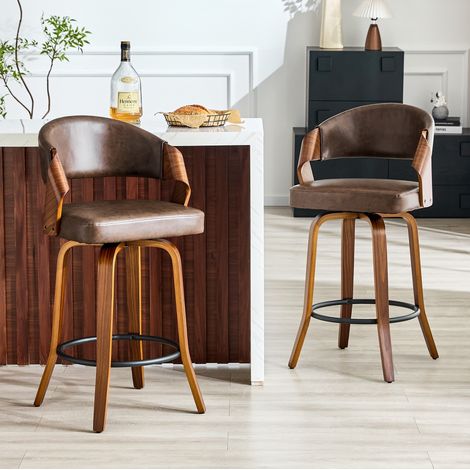 Taburetes de bar 2 piezas con respaldo, 95 cm, estructura de madera, PU marrón HAVRYA (1/5)