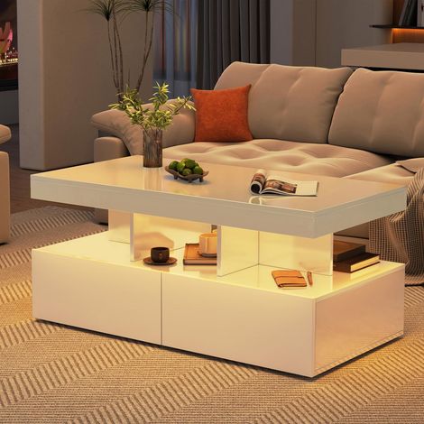 Table Basse 104x53x46 cm - Table de Salon avec LED RGB & Contrôle APP - Meuble avec 2 Tiroirs - MDF - Blanc