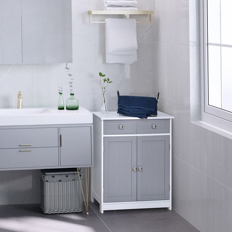 Rangement Meuble de salle de bain sur pied armoire de de 2 portes tiroirs 60 x 30 x 75 cm et - gris blanc