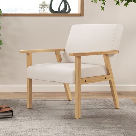 Poltrona imbottita con braccioli, sedia da pranzo effetto lino, struttura in legno massello, 64 x 70 x 72 cm, crema