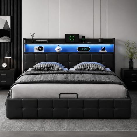Lit coffre 160x200 cm avec sommier, lit double 160 x 200 avec rangement hydraulique, tête de lit capitonné avec rangement, LED et ports de charge USB, revêtement PU noir