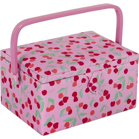 Boîte à couture moyenne, Boîte de rangement pour travaux manuels, Plateau à accessoires, Coussin à épingles, Poignée en PVC 18,5 x 25,5 x 14,5 cm, Cerise (1/5)