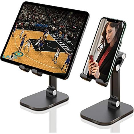 Soporte para tablet de 2 piezas, ajustable en altura y plegable, para teléfonos móviles, base de ABS, compatible con teléfonos móviles y tablets (de 4,7 a 13 pulgadas) y más grandes, color negro.