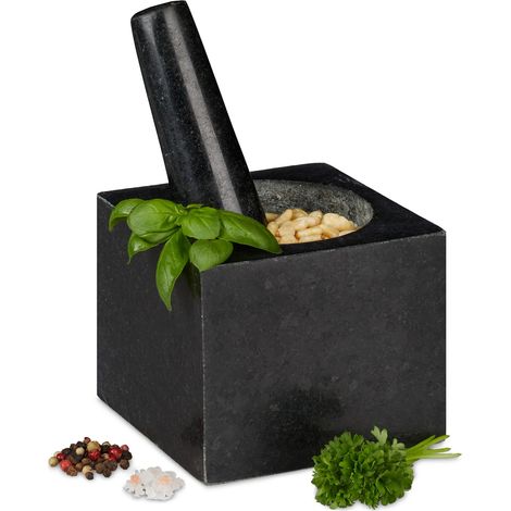 Relaxdays Mortar with Pestle, Spices, Herbs, Polished Stone Mortar, 9.5 x 11 x 11 cm, Vol. 250 ml, Granite, Grey