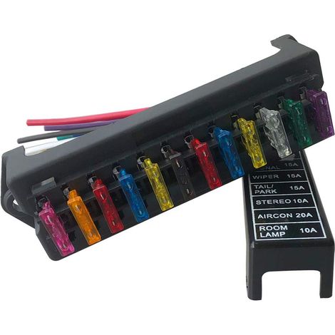 12 Way Fuse Box with Cables, Universal Standard Blade Fuse Holder, Car Fuse Block, with 10 Standard Blade Fuses (12V/24V/32V/48V) (1/5)
