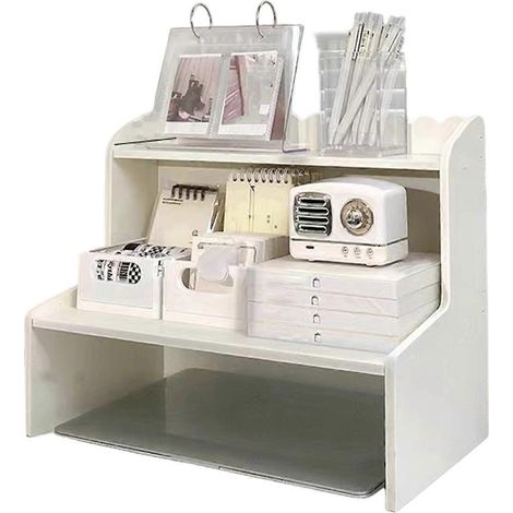 Optimieren Sie Ihren Stauraum mit diesem zweistöckigen Schreibtischregal, ideal für Zuhause und Büro. Ein stylisches Regal für Bücher und Büromaterialien. (1/5)