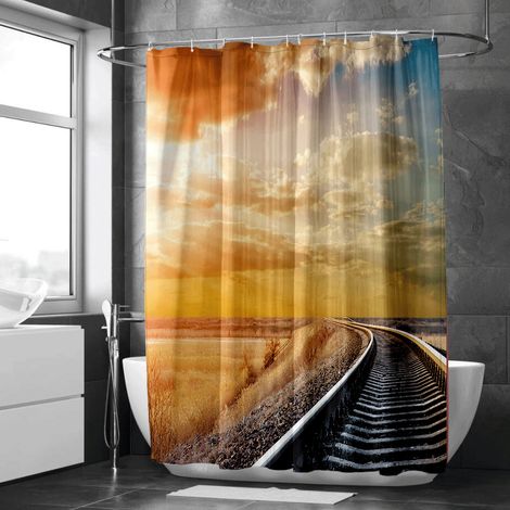 Rideau de douche motif lac et pins aquarelle, rideau salle de bain imperméable, 150x180 cm (1/5)