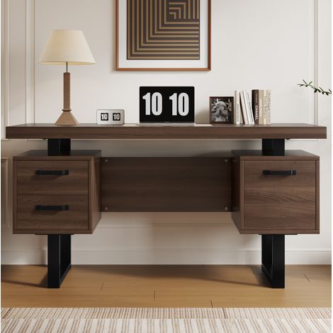 Schreibtisch aus MDF und Metall 135 x 54 cm dunkelbraun schwarz mit 2 Schubladen und Ordnerfach (1/5)