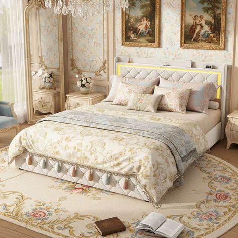 Cama doble capitonada 160 x 200 cm de terciopelo beige con somier, 4 cajones, LED y puertos USB/Type-C