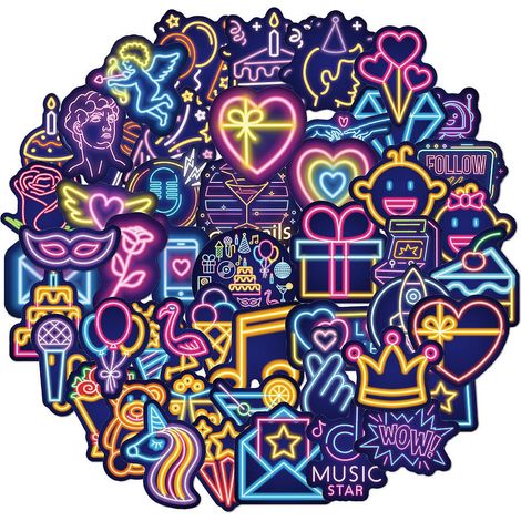 nouveau Sac D'autocollants Neon Graffiti [50 Pices], Autocollant Pour Ordinateur Portable, Planche  Roulettes, Bagages, Bouteille D'eau, Guitare, (1/5)