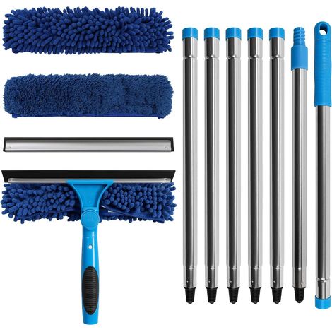 280cm Raclette vitre Telescopique, 2 en 1 Raclette vitre, Lave vitre Telescopique, Comprend Trois Chiffons de Nettoyage (Bleu foncé) (1/5)