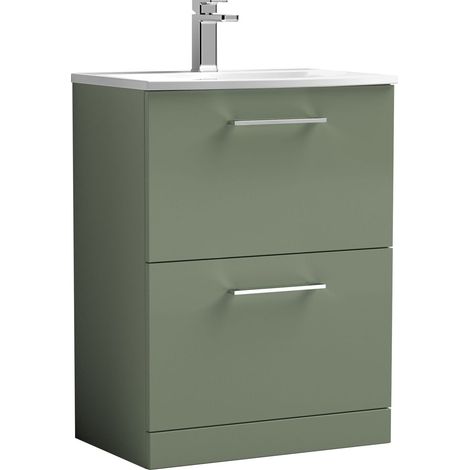 Balterley  Modern Bathroom 2 Soft Close Drawer Floor Standing Vanity Unit & Curved Basin, Satin Green, 600mm