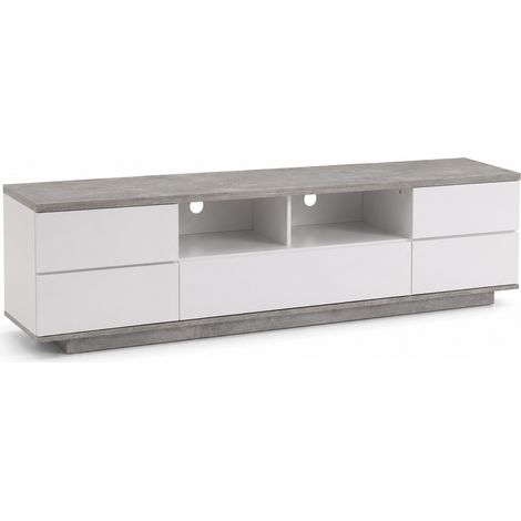 Mobile Tv Moderno Con 4 Ante E 1 Anta A Ribalta 2 Vani A Giorno Con Sistema Passacavi Per Soggiorno Zona Living In MDF Resistente 180 X 38 X 46 Cm Bianco E Grigio Cemento (1/5)