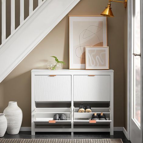 SoBuy Meuble Rangement Chaussure, Meuble d'Entrée, Armoire à Chaussures avec 4 Abattants, Rangement Compact pour Couloir, Salon, Blanc, 104x23x82cm, FSR186-II-W (1/5)