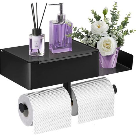 Porte-Papier Toilette Mural sans Perçage avec Étagère & Boîte Lingettes, Double Support Rouleau pour Salle de Bain Cuisine (1/4)