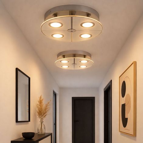 Plafoniera cromata LED da soffitto soggiorno, vetro satinato, 4x 3W 250lm 3000K, PxH 30x7,5 cm, set da 2