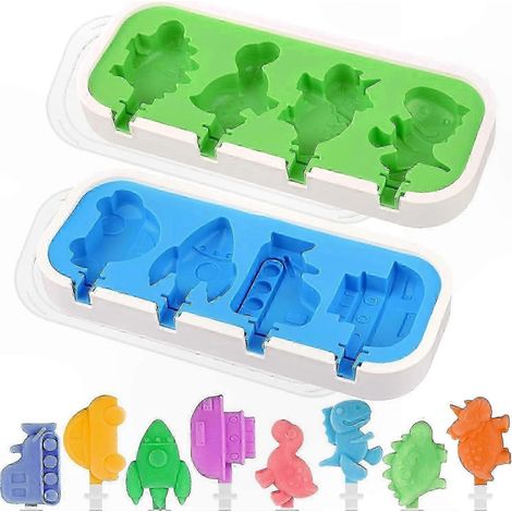 Lot de 2 moules à glace pour enfants : formes fusée, dinosaure, voiture et bateau, avec bâtonnets de glace et couvercles (1/5)