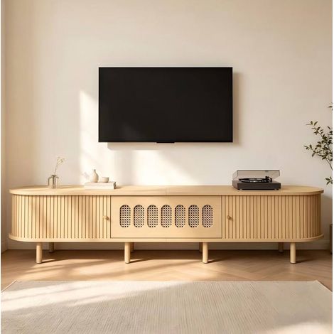 Mueble TV (180x40x40 cm), con puerta abatible y detalles de ratán, 5 compartimentos, MDF, color natural (1/5)
