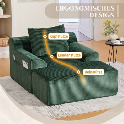 Fauteuil en velours côtelé extra large avec pouf, poches latérales et coussin  fauteuil rembourré sans cadre livré seul, sans assemblage, parfait pour relaxation ou lecture (vert foncé)