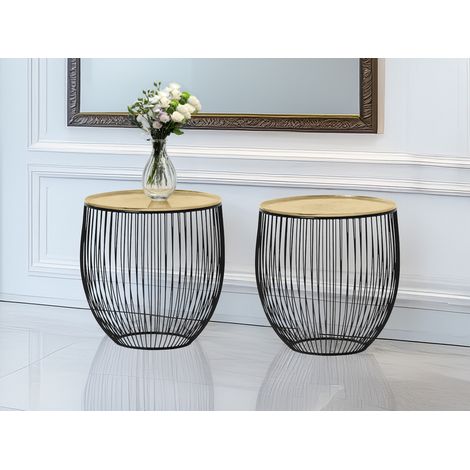 Couchttisch 2 teilig Korbtisch Metall Schwarz mit Tischplatte Gold, Höhe 42cm (1/5)