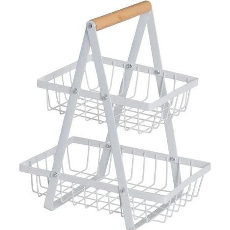 Panier de rangement - JUANIO - 2 niveaux - métal blanc - poignée bois naturel - 27x17x34 cm