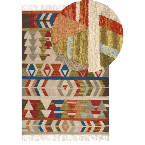 Kilim Area Rug Multicolour Wool and Cotton 140 x 200 cm Handmade Woven Boho Geometric Pattern with Tassels KAGHSI