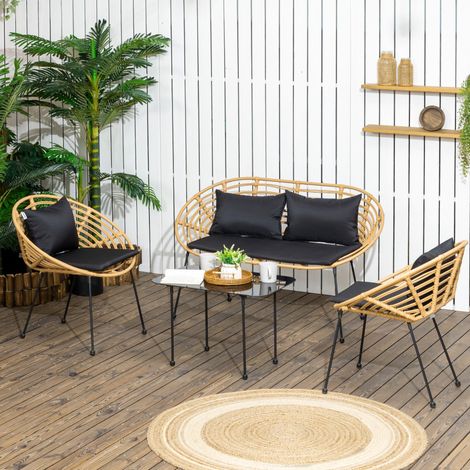 Conjunto de Muebles de Jardín 4 Piezas con Sofá Sillones y Mesa de Centro Resina Trenzada PE y Cojines (1/5)