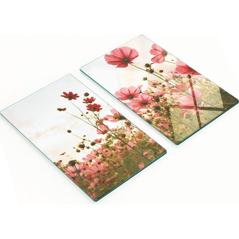 Tablas decorativas de cristal para cortar y servir con flores de cosmos, 2 x 30 x 52 cm.