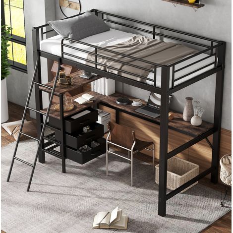 Lit superposé 90x200 avec bureau, 3 tiroirs, métal HAVRYA (1/5)