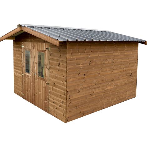 FORESTA Abri de Jardin en Bois THA303002T Thermochauffee Epicea THT Madriers 28 mm Double Pente 12,30 m2 Bac Acier Fabrication France Garantie 2 ans (1/4)