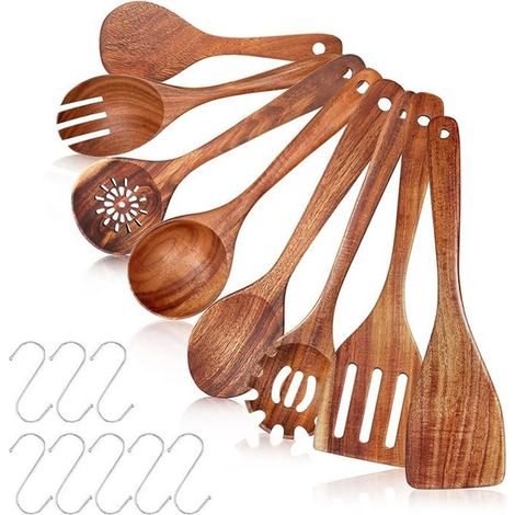 8 pièces ustensiles cuisine bois d'acacia, spatule louche cuillère à pâtes et salade, set complet anti-rayures pour poêles antiadhésives (1/5)