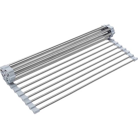 Égouttoir à vaisselle enroulable YTFSUCT 45,2 cm x 34,3 cm, multifonctionnel, en acier inoxydable SUS304, à poser sur l'évier égouttoir pliable et résistant à la chaleur pour évier de cuisine. (1/5)