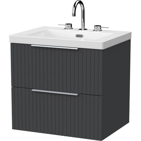 Callingwood Contemporary Wall Hung 2 Drawer Vanity Unit with 3 Tap Hole Fireclay Basin , 600mm, Dark Grey
