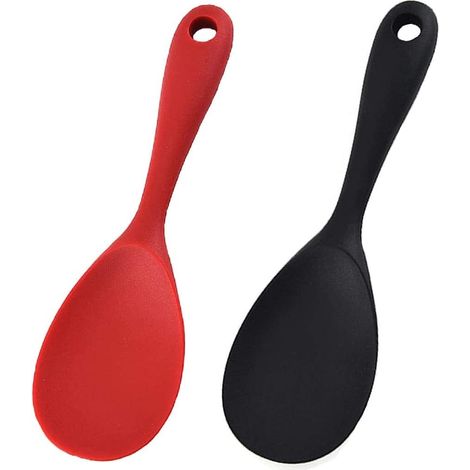 2-teiliges Set Silikon-Kochlöffel, antihaftbeschichtete Reislöffel, geeignet für Camping, Küche und Reiskocher, rot/schwarz (1/5)