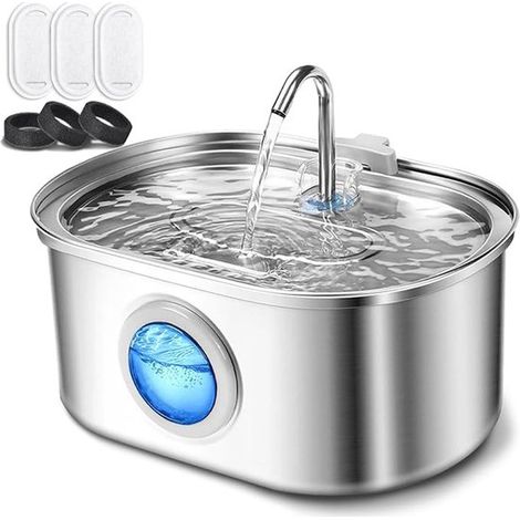 Fontaine à eau automatique pour chat en acier inoxydable, 3,2 L, ultra-douce avec lumière LED, fenêtre transparente, 3 cartouches de charbon actif (1/5)