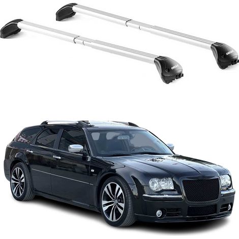 OMAC Barres de toit transversales certifiées TÜV pour Chrysler 300C Touring 2004-2010 – Verrouillables (4 antivols) – Charge max 100 kg – Sangle inox + protection caoutchouc Argent (1/4)