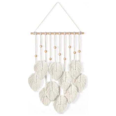 1 x Tapisserie décorative tressée en corde de coton 40 x 80 cm Motif feuilles blanches Accessoire décoratif à accrocher au mur (1/5)
