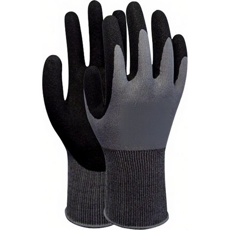 1 par de guantes de trabajo impregnados de nitrilo, ideales para jardinería, mantenimiento y almacén, para hombre y mujer (negro/gris, talla S). (1/5)