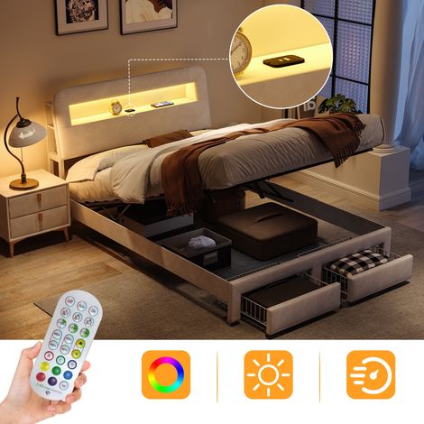 Lit avec tiroirs 160x200 cm, 2 tiroirs, bande lumineuse LED réglable, tête de lit capitonnée en velours, cadre en métal, lattes en bois - blanc (1/5)