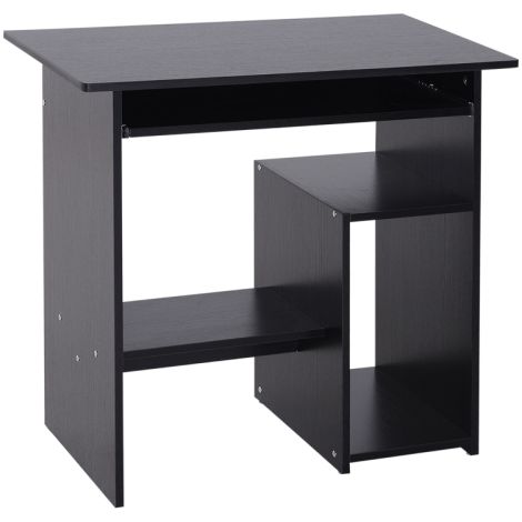 Modern Black Compact Wooden Computer Desk with Keyboard Tray and Storage Shelf for Home Office and Corner Spaces