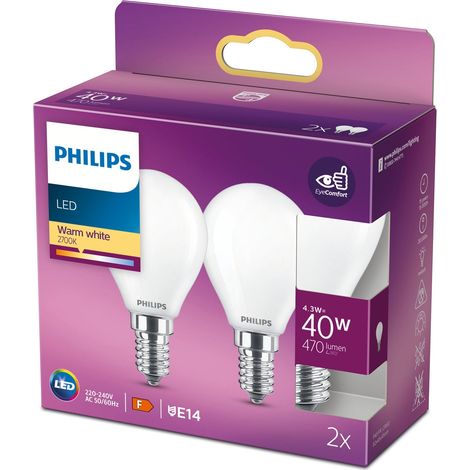 LAMPADINA A LED IN VETRO ''PHILIPS'' SFERA 40W E14 2700K, LUCE CALDA 2 PZ