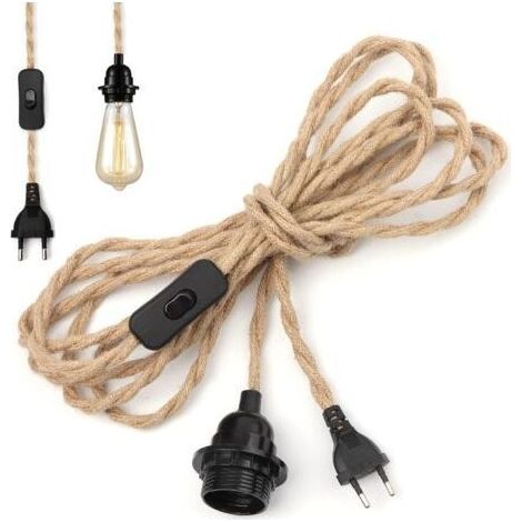 Lustre Corde de Chanvre Câble 4.5m, Douille E27 Interrupteur Fil Cable, Pour DIY Lampe Suspension Lumière Pendante Industrielle Lustre Douille Fil Electrique Vintage (Ampoule non incluse) (1/5)