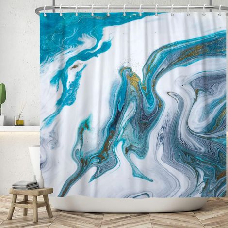 183x213cm Ensemble de Rideau de Douche en marbre avec Crochet, Rideau de Bain texturé en marbre Bleu ombré Rideau décoratif de Salle de Bain Simple Moderne Rideau de Baignoire imperméable (1/5)