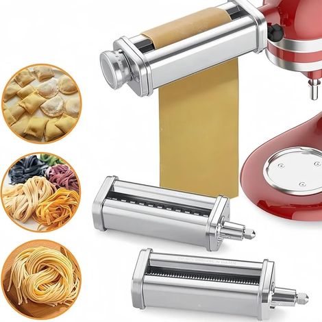Accessoires pour robots pâtissiers KitchenAid, notamment un goûteur de pâtes, un coupe-pâtes, un coupe-lasagnes et des ensembles d'accessoires en acier inoxydable pour la fabrication de pâtes. (1/5)