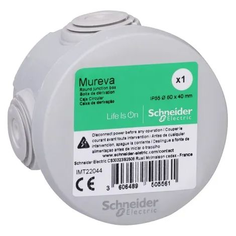 Boite de dérivation ronde Ø 60x40mm grise couvercle 4 entrées embouts étanche IP55 IK07 650° Mureva BOX