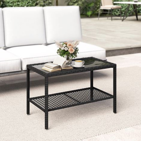Gartentisch aus Rattan mit Ablage, Tischplatte aus gehärtetem Glas, Stahlgestell, 92 x 50 x 45 cm, Schwarz