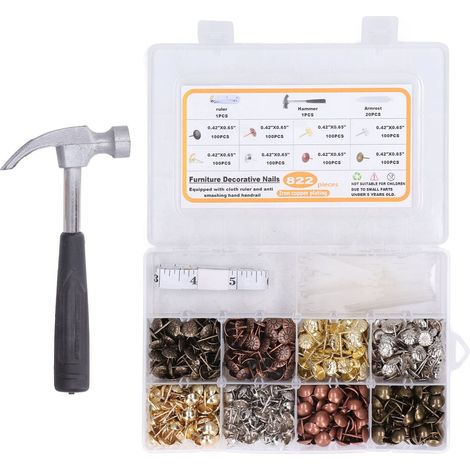 CLOUS DE TAPISSERIE 822 PCS 8 COULEURS CLOUS DÉCORATIFS POUR MEUBLES EN ACIER AU CARBONE AVEC SUPPORT DE MARTEAU DE RÈGLE EN TISSU (1/5)