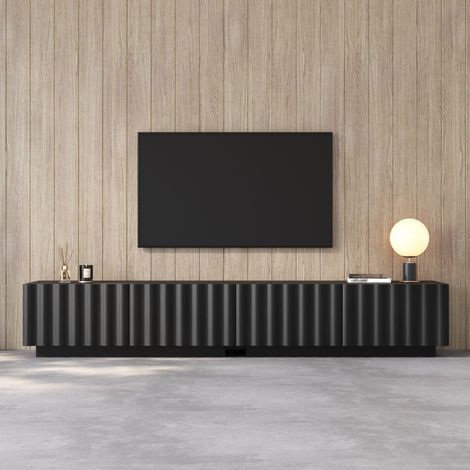 Meuble TV - 200x40x35cm - 2 tiroirs push-to-open moderne chic motif de vagues relief salon séjour - Noir (1/5)